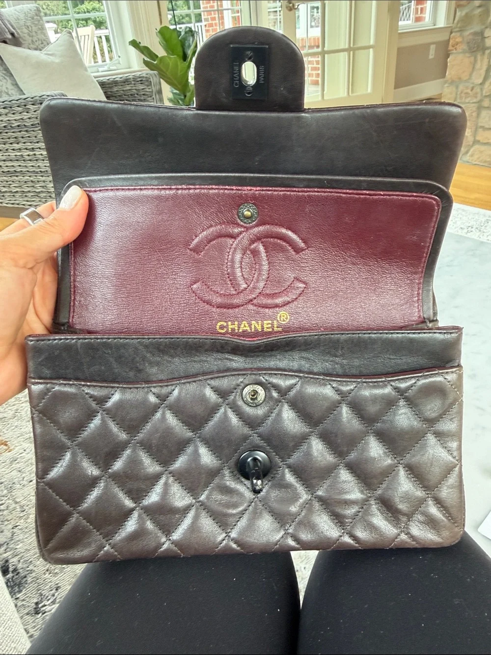 CHANEL Quilted Double Flap Shoulder Bag in Dark Brown